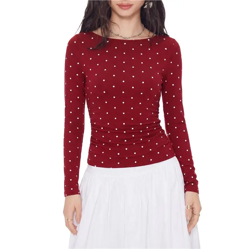Women's Polka Dot Back Cutout Tie Rib Fitted Long Sleeve Top Red XS Eco-Friendly