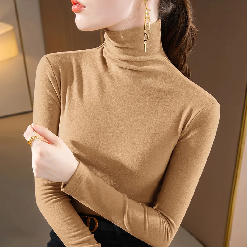 Solid Color Graceful Turtleneck Base Shirt Women Timeless Fleece-Lined Long Sleeve Lady's Daily T-Shirt Layering Girls' Top Work