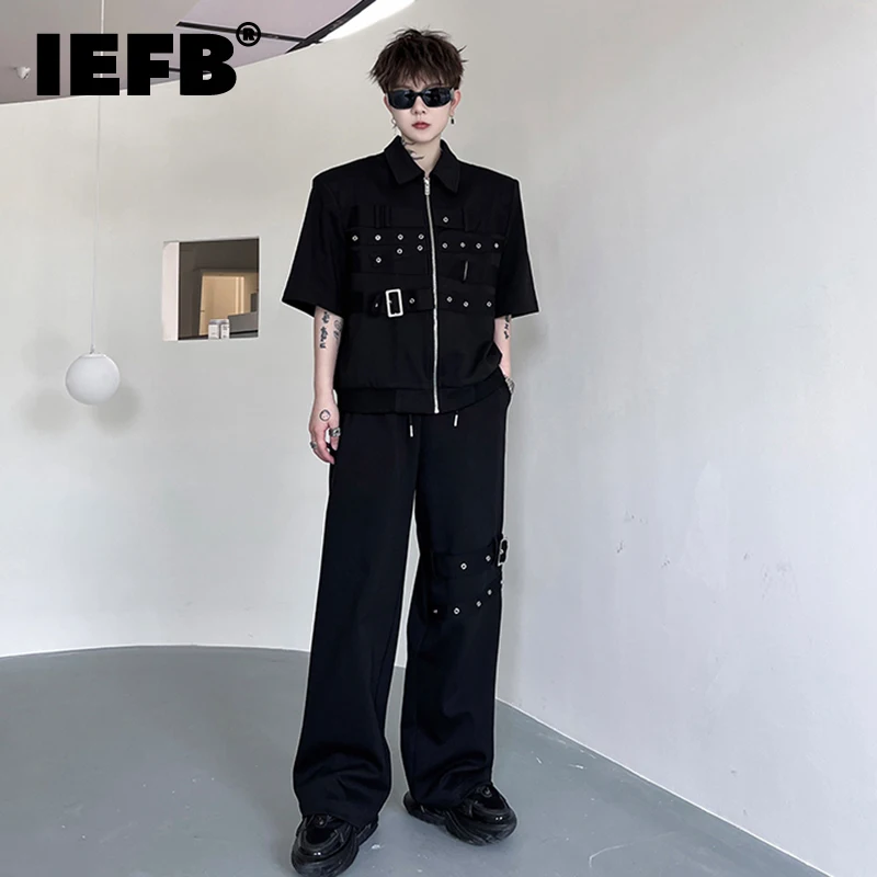 

IEFB Men Summer New Two Piece Solid Color Metal Button Short Sleeve Jacket Casual Straight Leg Pants Male Niche Design Set 9C221