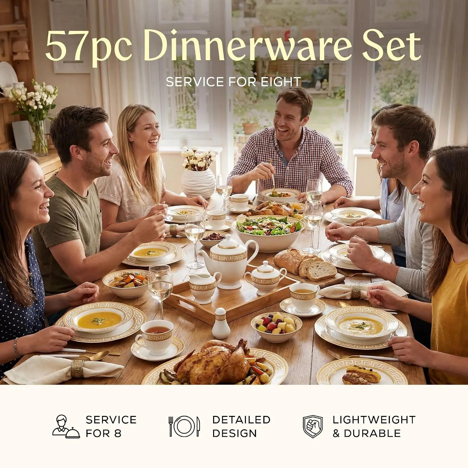 57-Piece Bone China Dinnerware Set with Gold Greek-Key Pattern