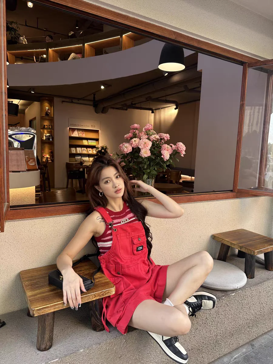 

Красный комбинезон в американском стиле ретро, женские летние допане, милые молодежные свободные комбинезоны небольшого размера, повседневные джинсы с высокой талией