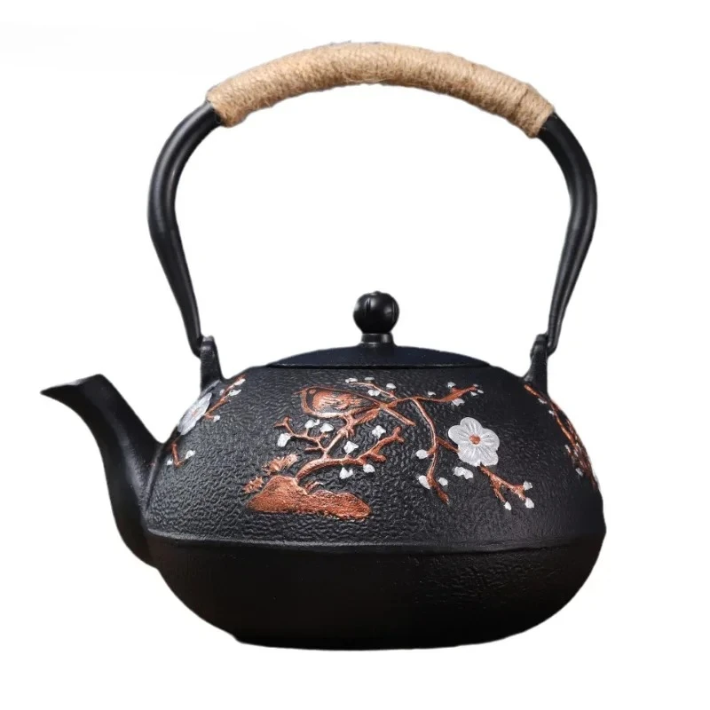 Retro nostalgic black particle cast iron teapot for home use, large capacity lifting beam teapot, uncoated pig iron teapot
