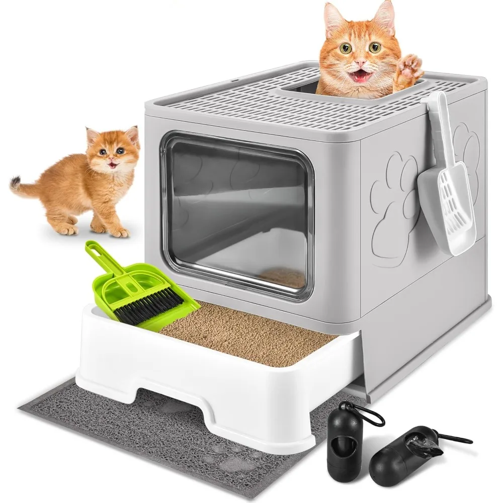 

Cat Litter Box with Litter Mat and Scoop, Large Foldable Litter Box with Lids, Free in& Out Covered Kitty