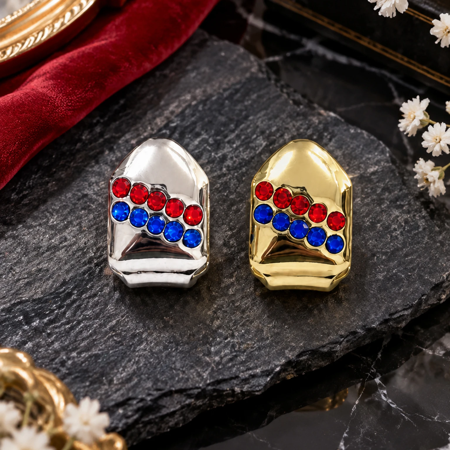 Fashionable And Unique Diagonal Arrangement Of Blue, Red And Diamond Stones. Cool Tooth Jewelry For The Hip-Hop Party Stage.