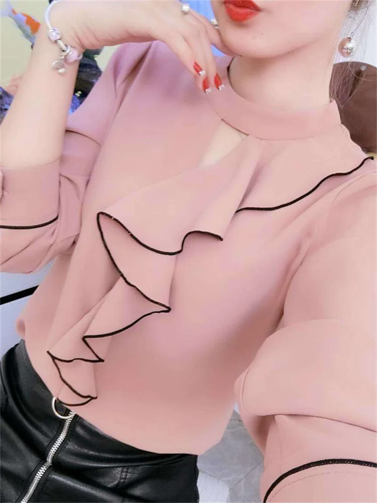 Kobiety wiosna lato styl szyfonowe bluzki koszule Lady Casual z długim rękawem Ruffles Decor stojak kołnierz szyfonowe Blusas topy DF3148