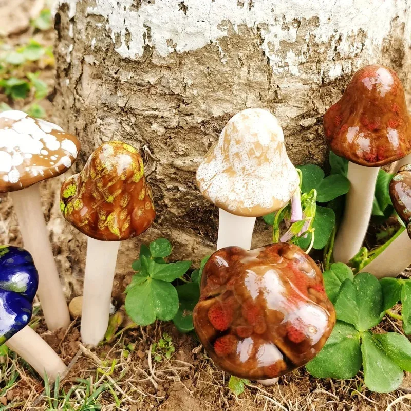 Hand-Painted Ceramic Mushroom Statues (4pcs) - Waterproof Weather-Resistant Decor, Unique Indoor & Outdoor Garden Ornaments