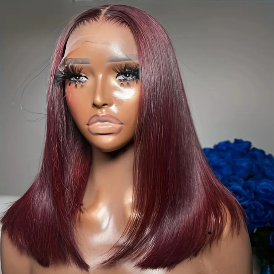 Burgundy Soft Glueless Synthetic Preplucked 99j Short Bob Wine Red Lace Front Wig Straight For Black Women Baby Hair Daily