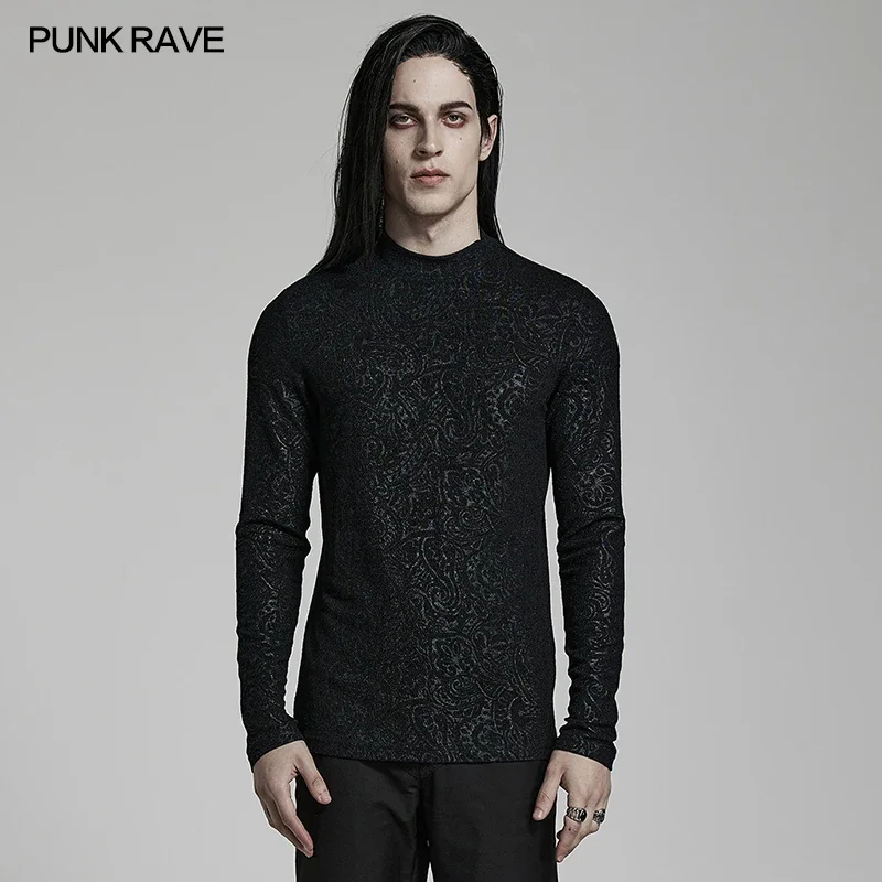 PUNK RAVE Men\'s Gothic Daily Turtlenecks Simple Printed T-shirt Punk Handsome Cool Long Sleeve Tops Spring Autumn