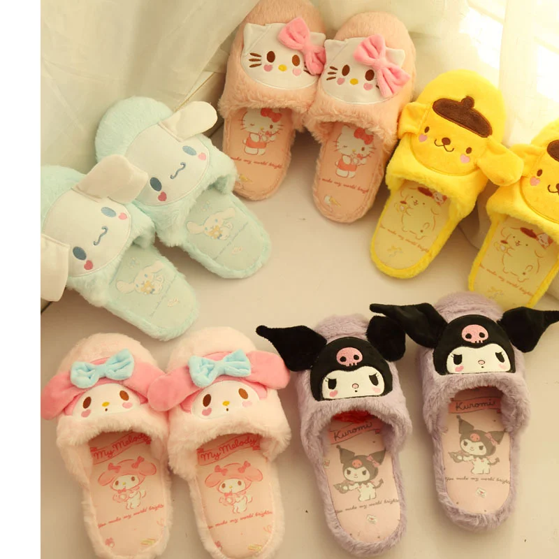 Sanrio Hello Kitty cute sweet warm home women's shoes Kulomi cartoon versatile non-slip flat-bottomed plush cotton slippers