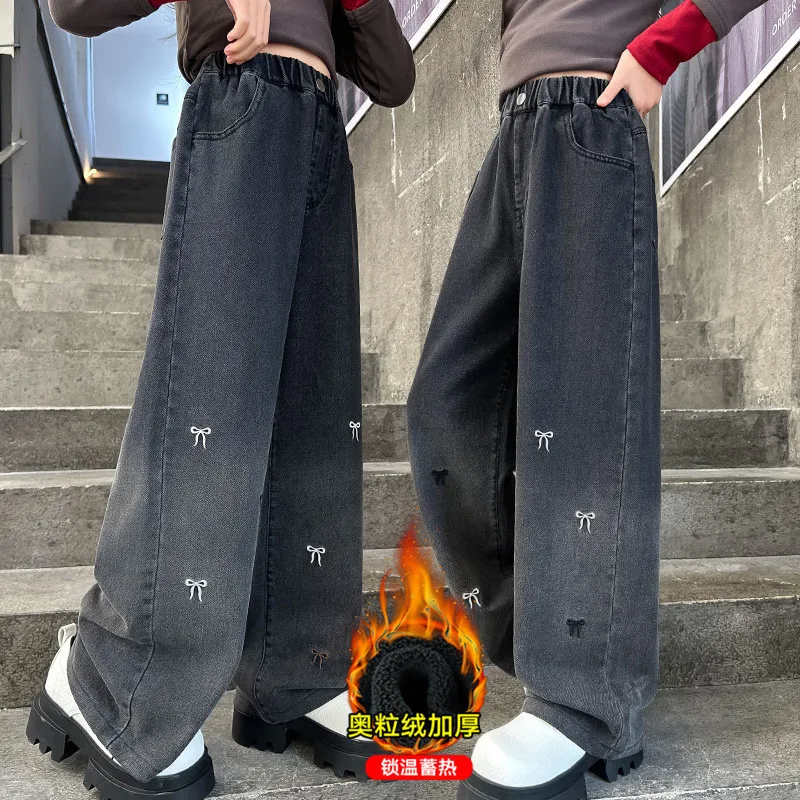 나비 자수 어린이 겨울 느슨한 청바지, 여아용 따뜻한 바지, 양털 안감 두꺼운 바지, 청소년용