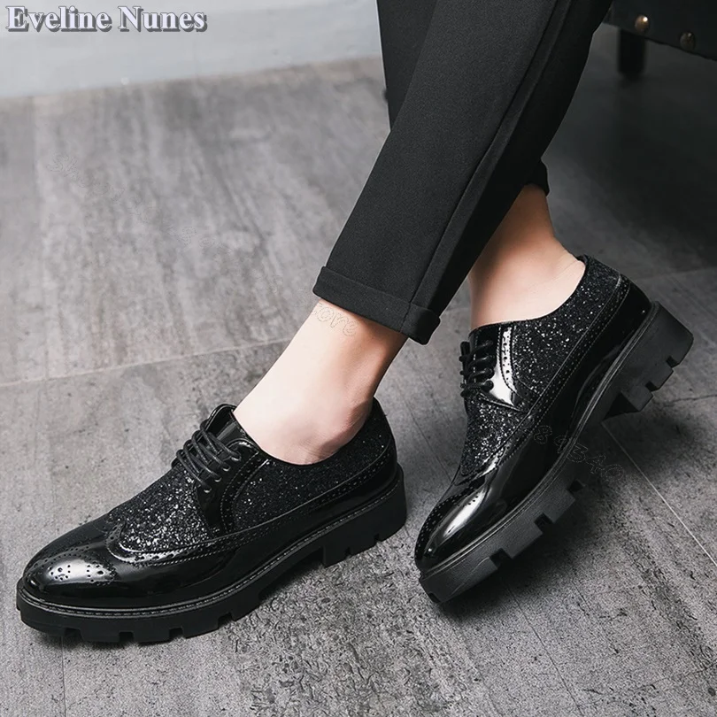 

Black Lace up Glitter Men Shoes Wear Resistant for Office Bullock Carved Pumps Party Dress Men Shoes Size 38~44 Zapatillas Mujer