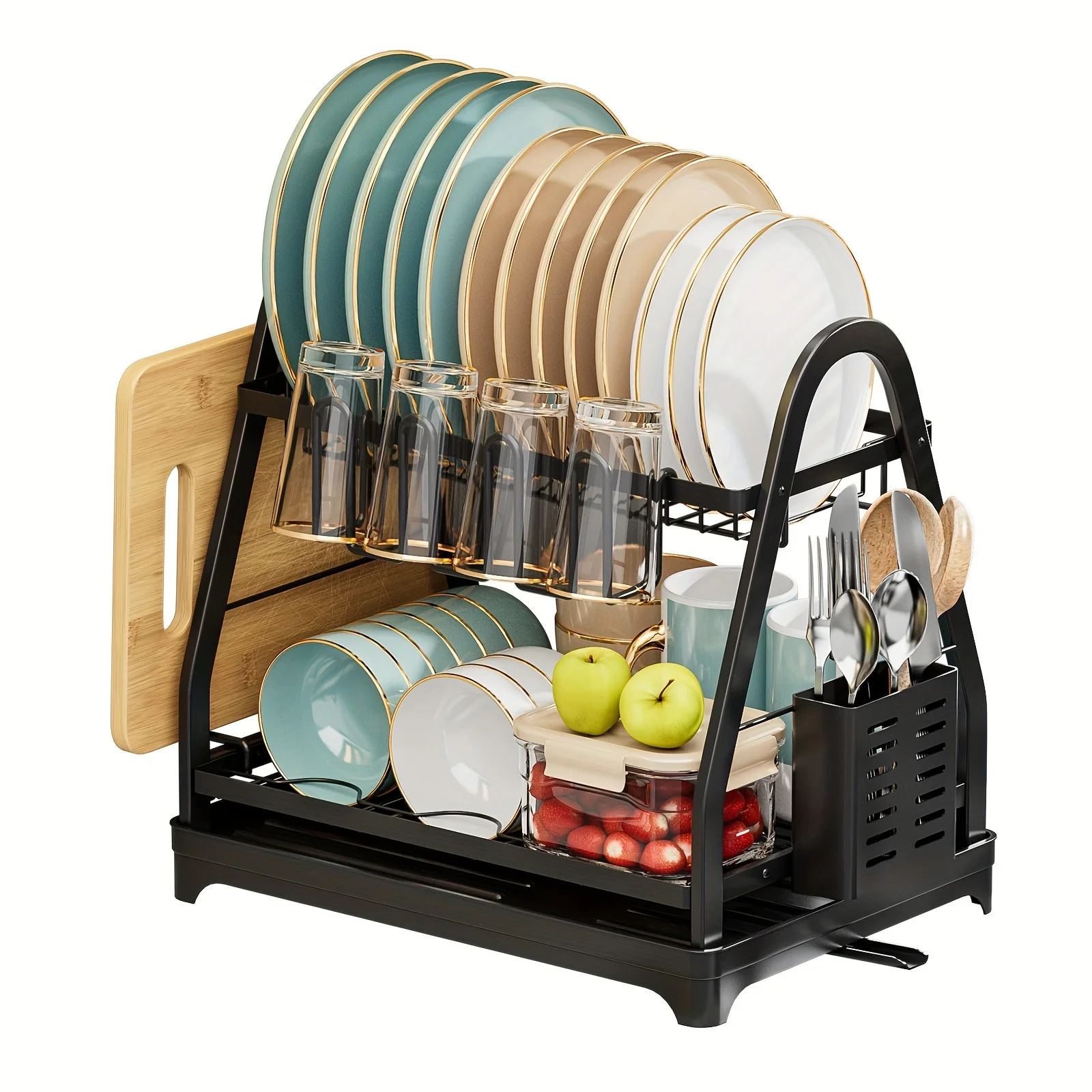 

"Easy Setup" 2-Tier Dish Rack With Drainboard - Space-Saving Kitchen Organizer For Dishes, Cups, Knives & Cutting Boards - Easy