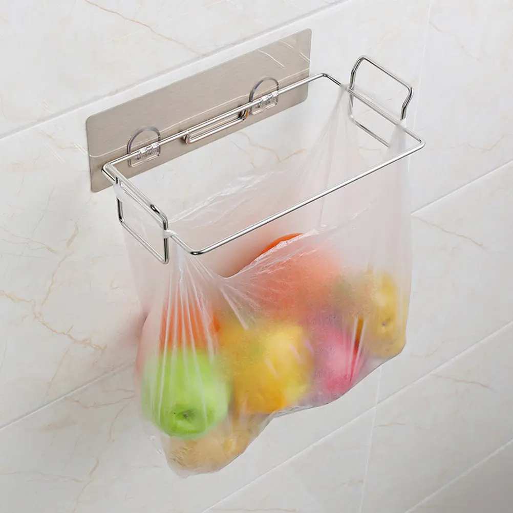 1Pcs Door Back Stainless Steel Storage Rack Punch Free Multipurpose Kitchen Towel Rack Garbage Bag Holder Bathroom Organizer