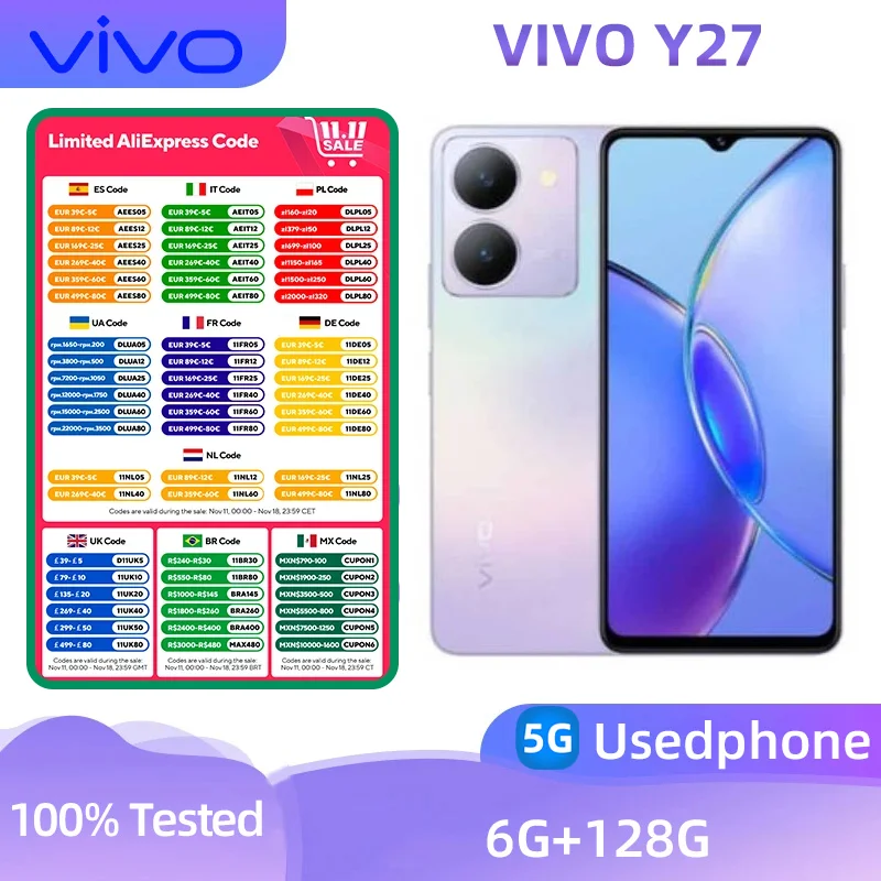 Смартфон Vivo Y27, 5 г, процессор Android, размер 6020, 6,64 дюйма, 50 МП, камера ПЗУ, 128 ГБ, 5000 мАч, используемый телефон