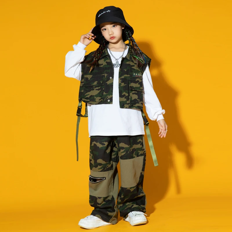 Bambini Kpop Streetwear Hip Hop abbigliamento Camo Vest Shirt top pantaloni Cargo per ragazze ragazzi Jazz Dance Costume adolescente che mostra vestiti