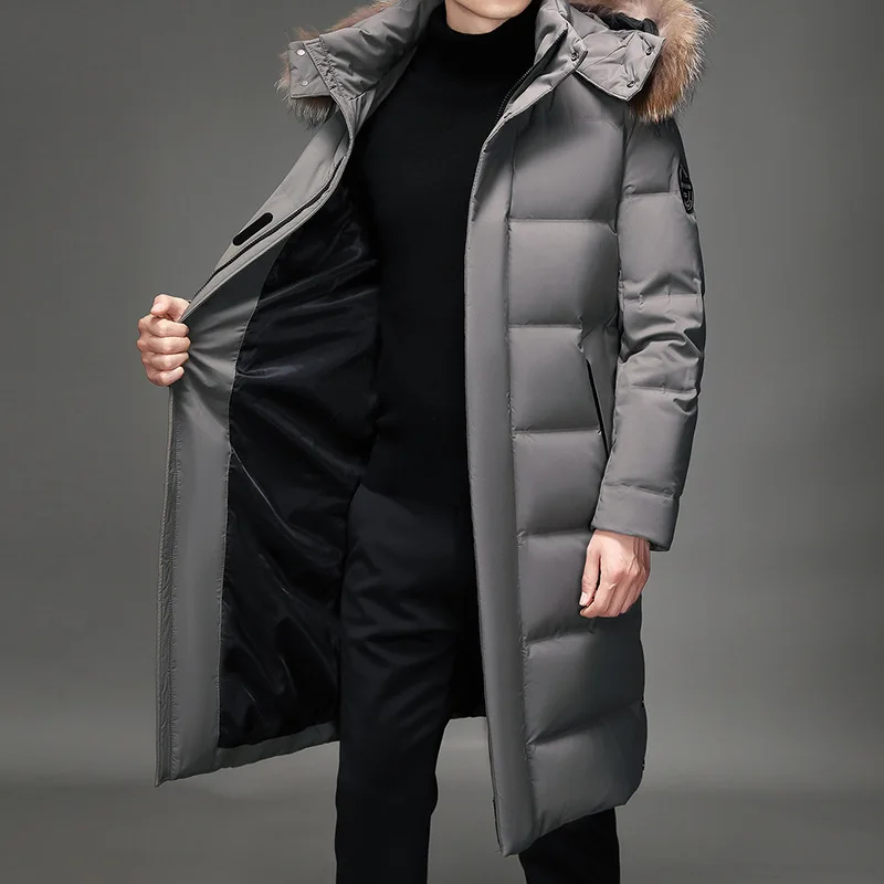 Down Jacket Men Removable Hat Long White Duck Down Hooded Fur Collar Windbreak Winter Thicken Warm Coat With Male Jacket Coat