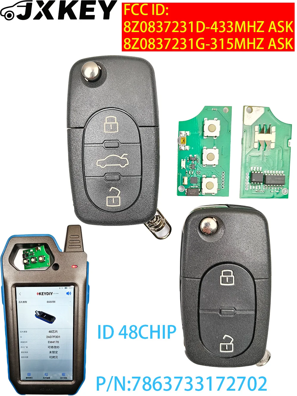 

FCC ID: 8Z0837231D/8Z0837231G 315Mhz/433Mhz ID48 CHIP P/N: 7863733172702 For Audi A4 231G for Audi A4 231D Flip Remote Car Key