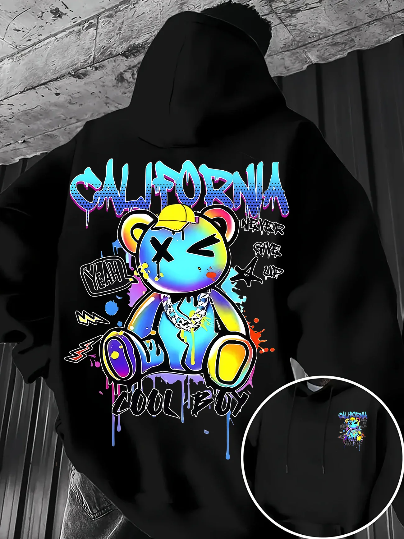 Doodle Bear Men's Loose and Casual Colorful Gradient California Cool Boy Letter Print Autumn/Winter Hooded Pullover Shirt