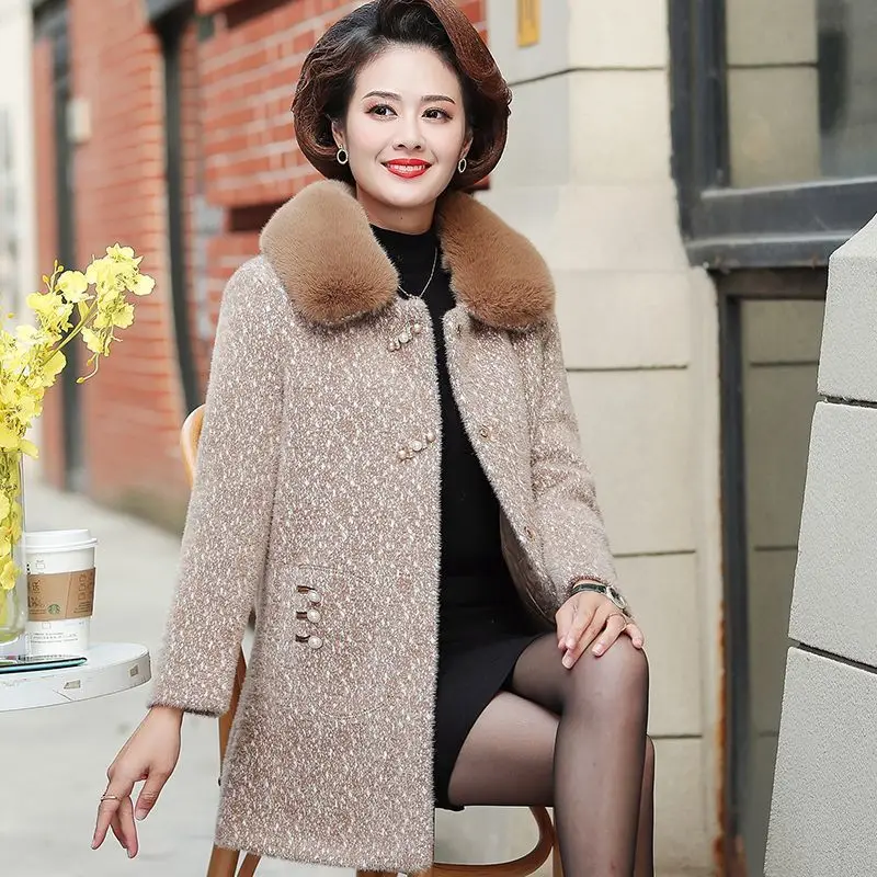 

High-quality Mink Fur Jacket Female New Middle-aged Mom Woolen Coat 2026 Autumn Winter Fur Collar Fashion Overwear Women's Top