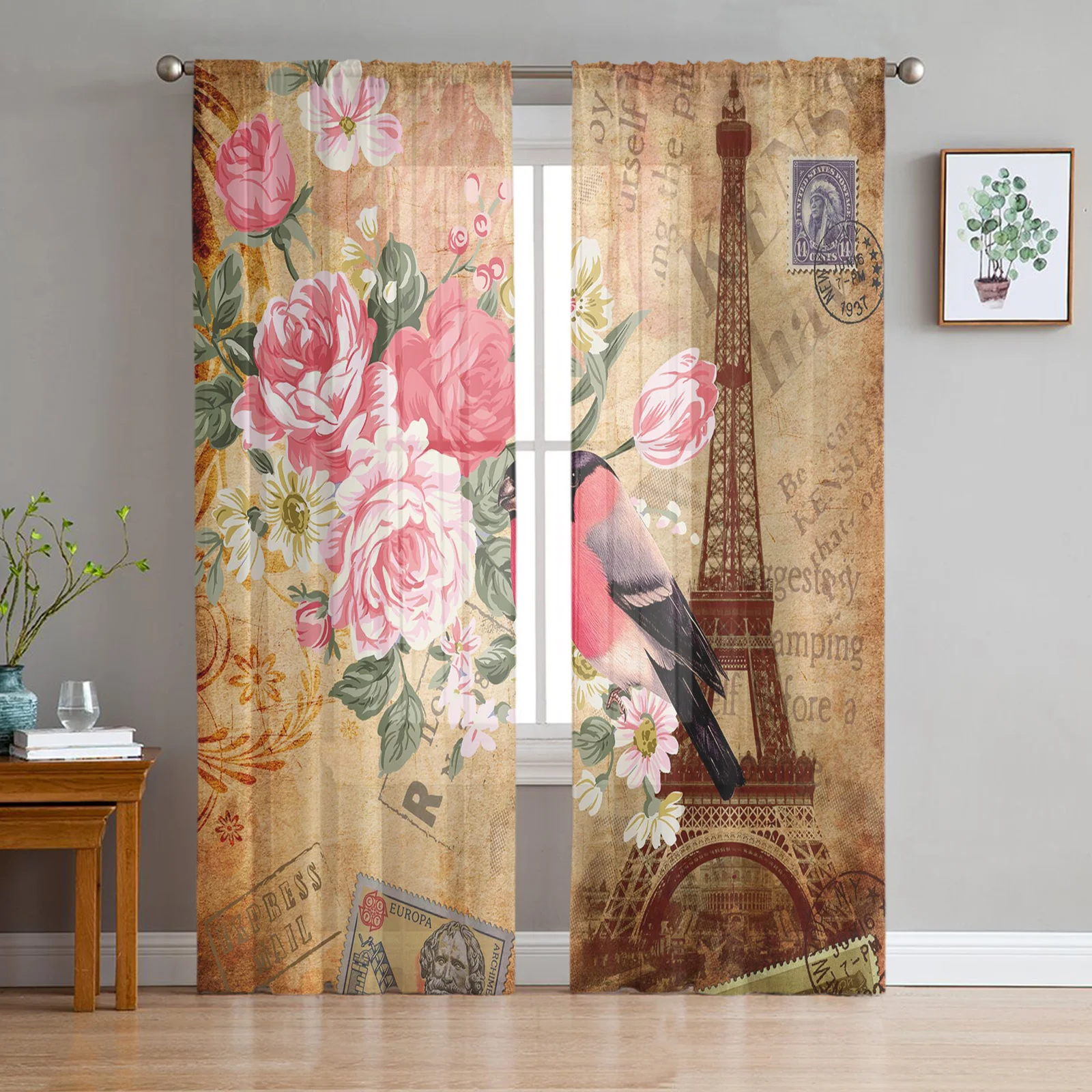 Pink Flowers Bird Eiffel Tie Retro Tulle Sheer Window Curtains for Living Room the Bedroom Voile Decorative Curtains Drapes