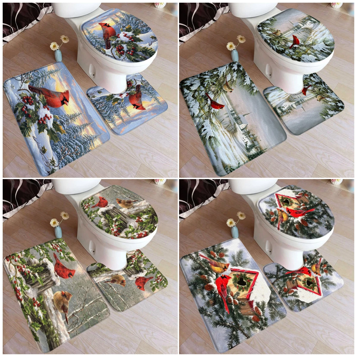 

Зимний набор ковриков для ванной с красными птицами, кедровые ягоды, снежный лес, пейзаж, фланель, домашний декор для ванной комнаты, нескользящий коврик, U-образные коврики, крышка для унитаза