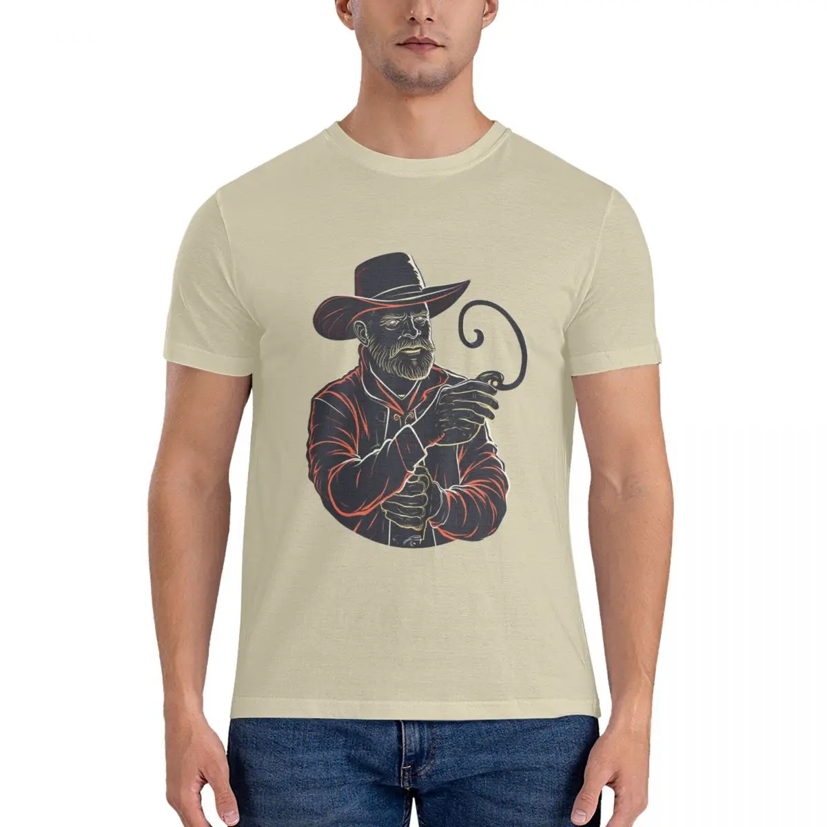 Cowboy Wearing Hat Holding Whip T Shirt for Men 100% Cotton Vintage T-Shirt Round Collar cute Tees Short Sleeve Clothes Printed