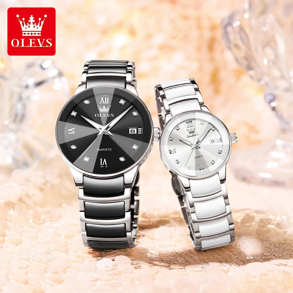 OLEVS Brand Original Couple Watches Fashion Classic Sports Ceramic Quartz Watches Waterproof Luminous Date Wristwatch For Couple