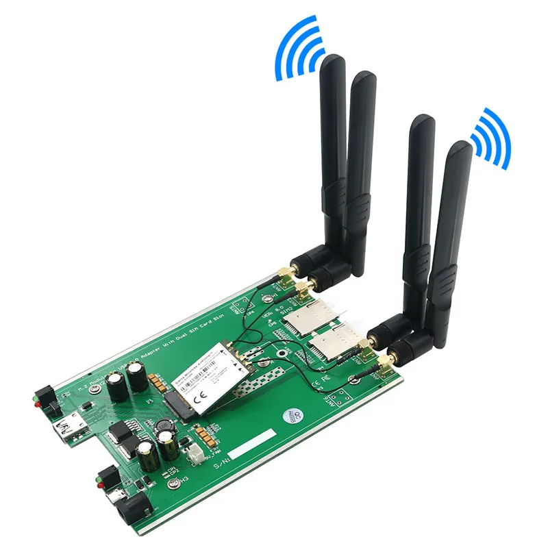 

M.2 NGFF 3G/4G/5G Module B Key to USB3.0 Network Adapter Riser Board Dual SIM Card Slot DC / TYPE-C Auxiliary Power w/ 4 Antenna