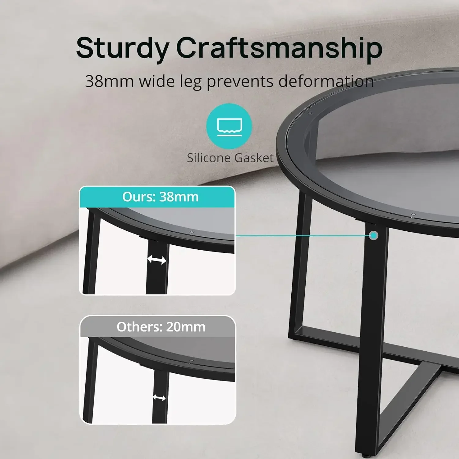 Coffee Table, 27.6" Round Coffee Table with Tempered Glass Surface, Center Table for Living Room, Dining Room, Tea,