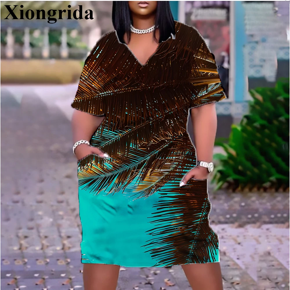 Women's Dress Tropical Leaf Printed Midi T-shirts Dress V-Neck Loose Mini Dress 3D Print Fashion Short Sleeve Dresses