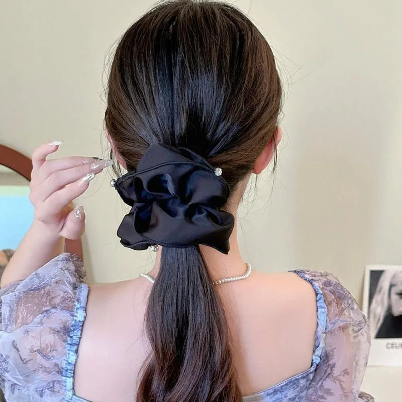 Fashion Super Large Black Flower Print Double Hair Scrunchies Women Girls Big Rhinestone Hair Ties Rope Hair Accessories