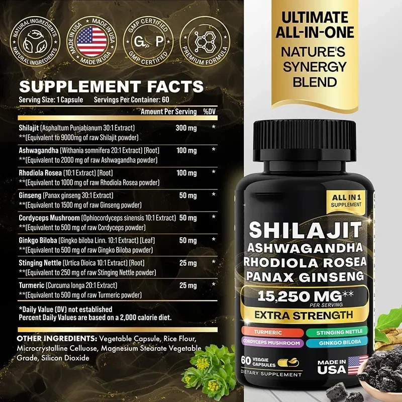 15250 мг чистые гималайские капсулы Shilajit с женьшенем Маки Ashwagandha куркума, энергетическая добавка для массы мышц, выносливость