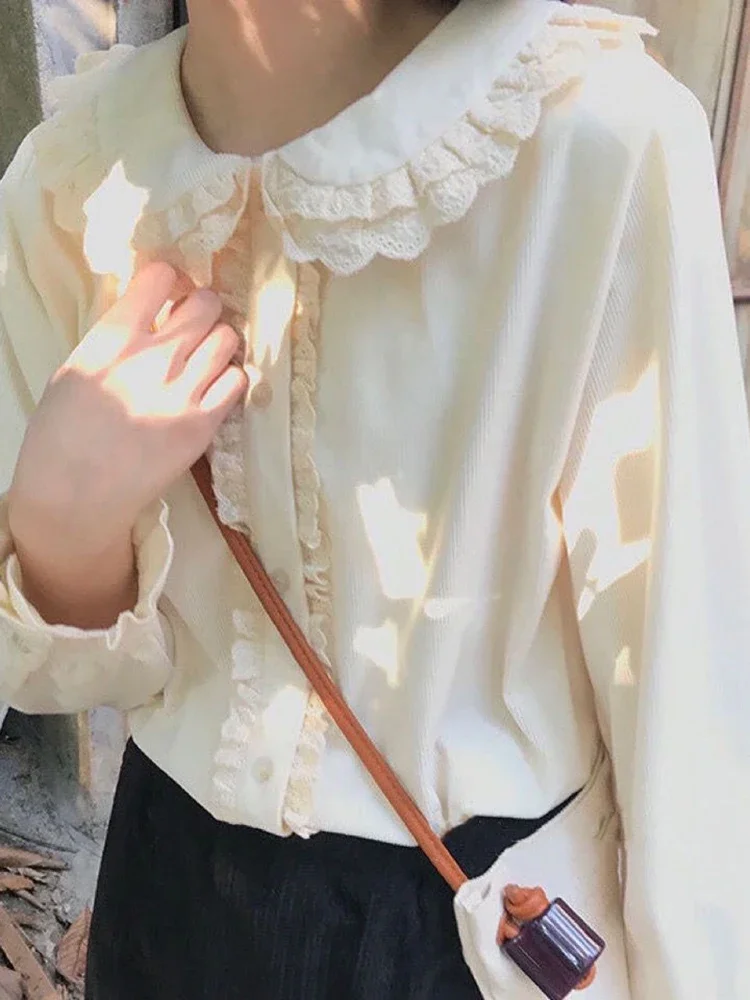 Femmes doux volants chemises décontracté mignon à manches longues japon Blouse Vintage col claudine Kawaii femme Preppy Style hauts