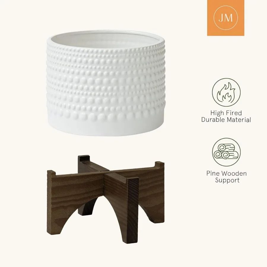 กระถางต้นไม้ic พร้อมขาตั้งไม้ - ดอกไม้ลาย Hobnail ทรงกระบอกสีขาวขนาด 8 นิ้ว