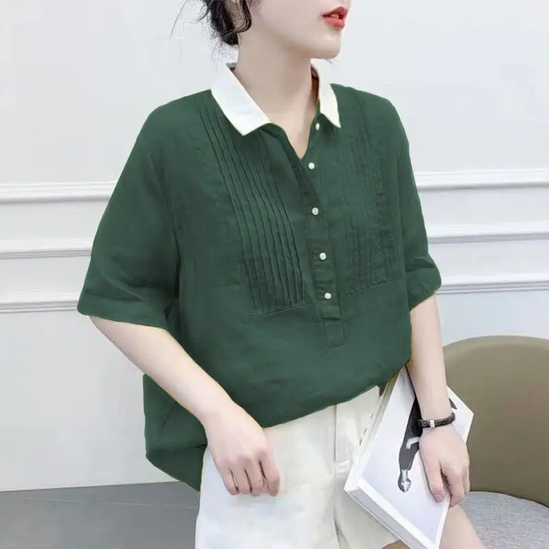 Vintage Loose All-match Contrast Shirt Tops Summer New Polo Neck Short Sleeve Solid Color Blouse Fashion Casual Women Clothing