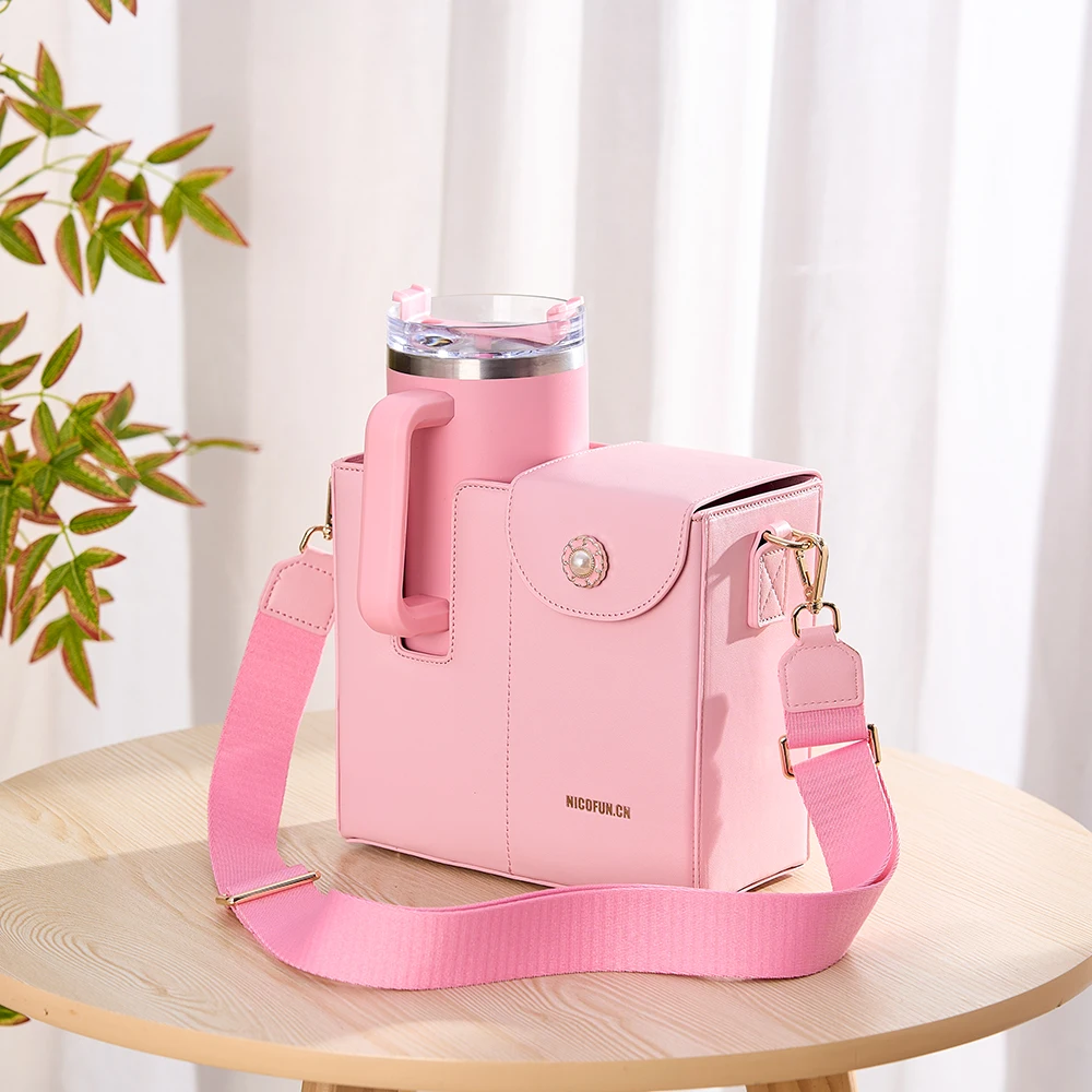 Nicofun-Sac de bouteille d'eau rose avec poignée, couvercle amovible, accessoires de tasse Stanley, ajustement avec un diamètre allant jusqu'à 4 en effet