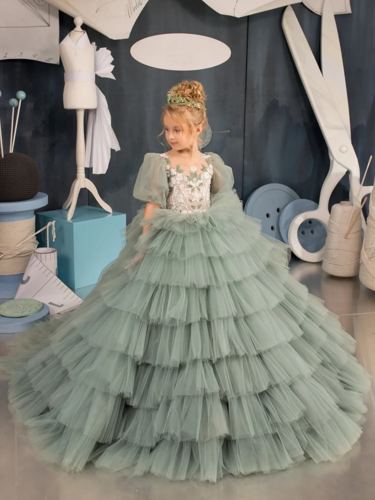 Flower Girl Dresses Green Tulle White Figure Appliques Tiered Half Sleeve For Wedding Birthday Banquet Princess Gowns