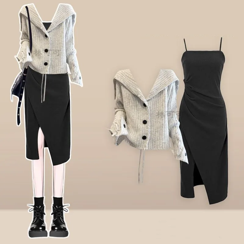 

2025 Autumn/Winter New Korean Elegant Knit Sweater+Retro Dress Two Piece Suit Women's Fashion Cardigan+Strap Skirt Matching Set