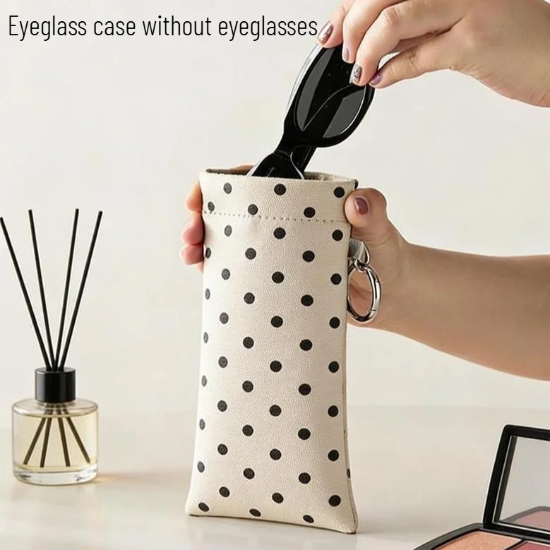 Polka Dot Canvas Eyeglasses Pouch Auto Elastic Closing Spectacle Storage Bag with Metal Ring Hook Portable Sunglasses Sleeve Bag
