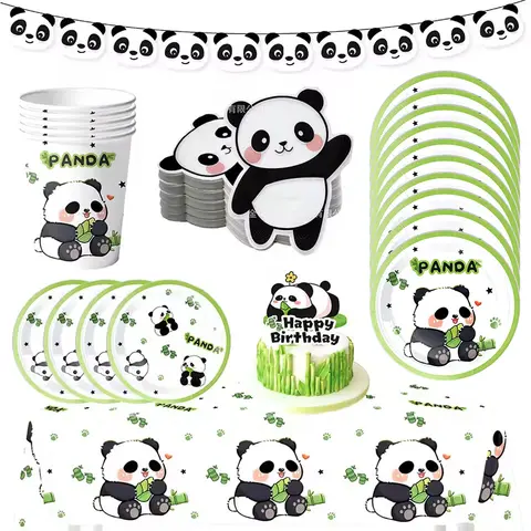 Panda Birthday Party Supplies Panda Disposable Dinnerware Set with Panda Paper Plates Cups Napkins Straws Banner for Panda Party