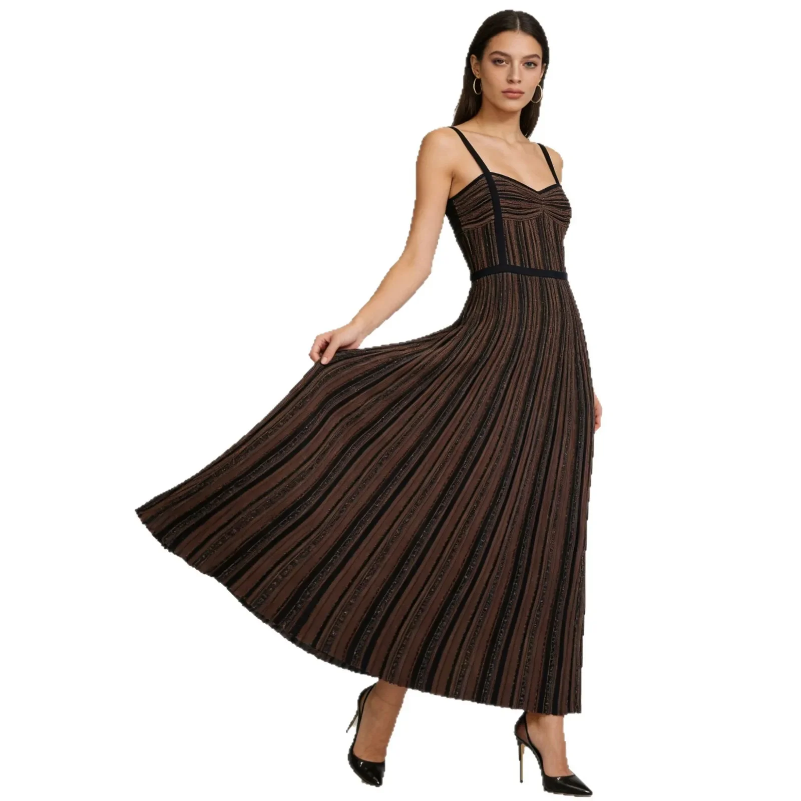 Fashionable Tan and White Striped Ruched Bust Long Dress Sexy Casual V-Neck Sun Gown for Summer Beach Vacation or Date