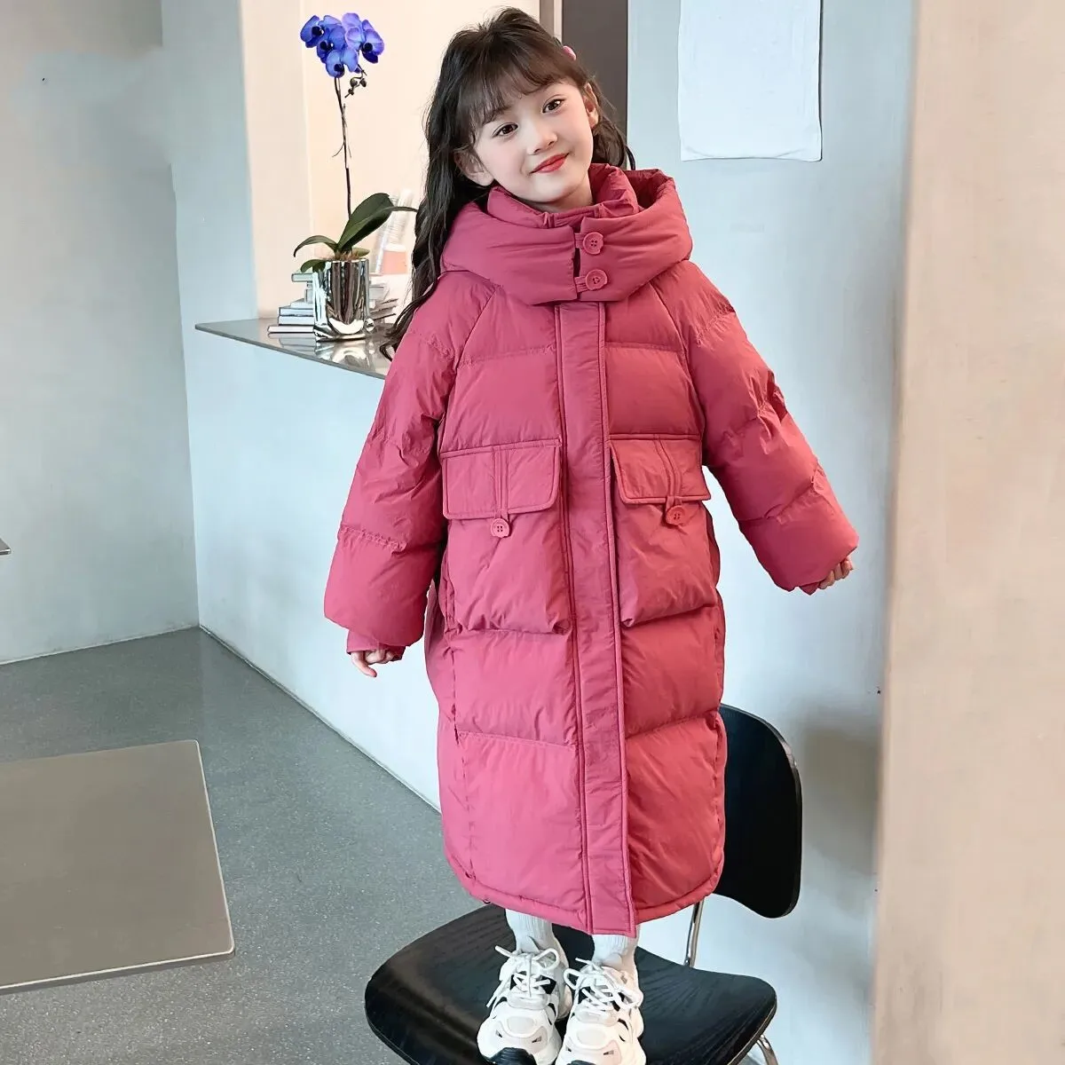 

Big Size Teenager Winter Keep Warm Girls Jacket Letter Long Style Hooded Windbreaker Coat For Kids Children Christmas Outerwear