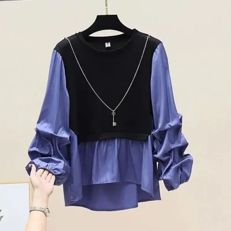 

New Autumn Fashion Patchwork Shirt Color Contrast Long Sleeved Temperament Casual Round Neck Women's Fake Two-piece Top