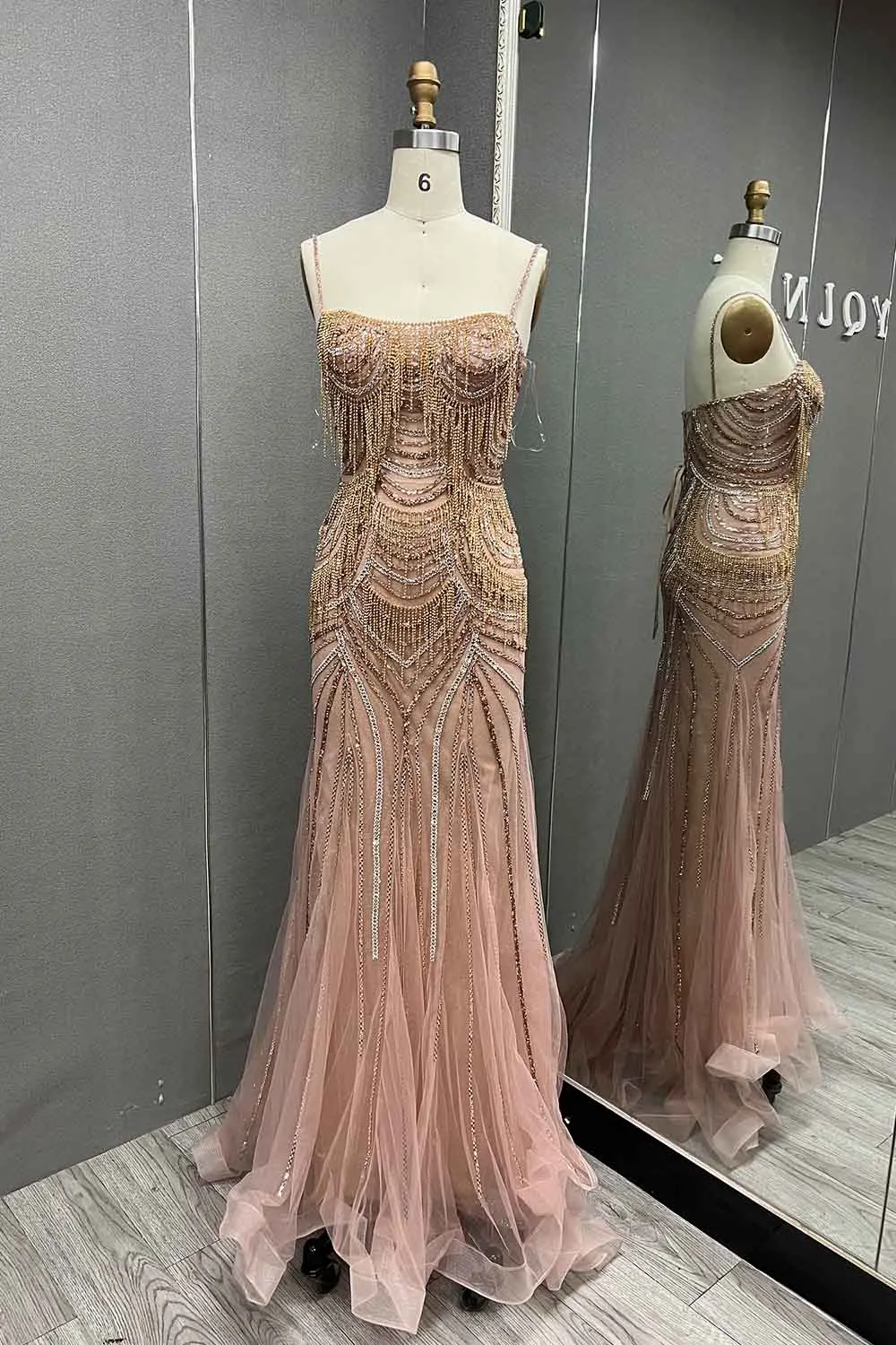 YQLNNE Luxury Rose Gold Rhinestones Long Prom Dresses Spaghetti Pendants Beaded Mermaid Eventing Gown Lace-up