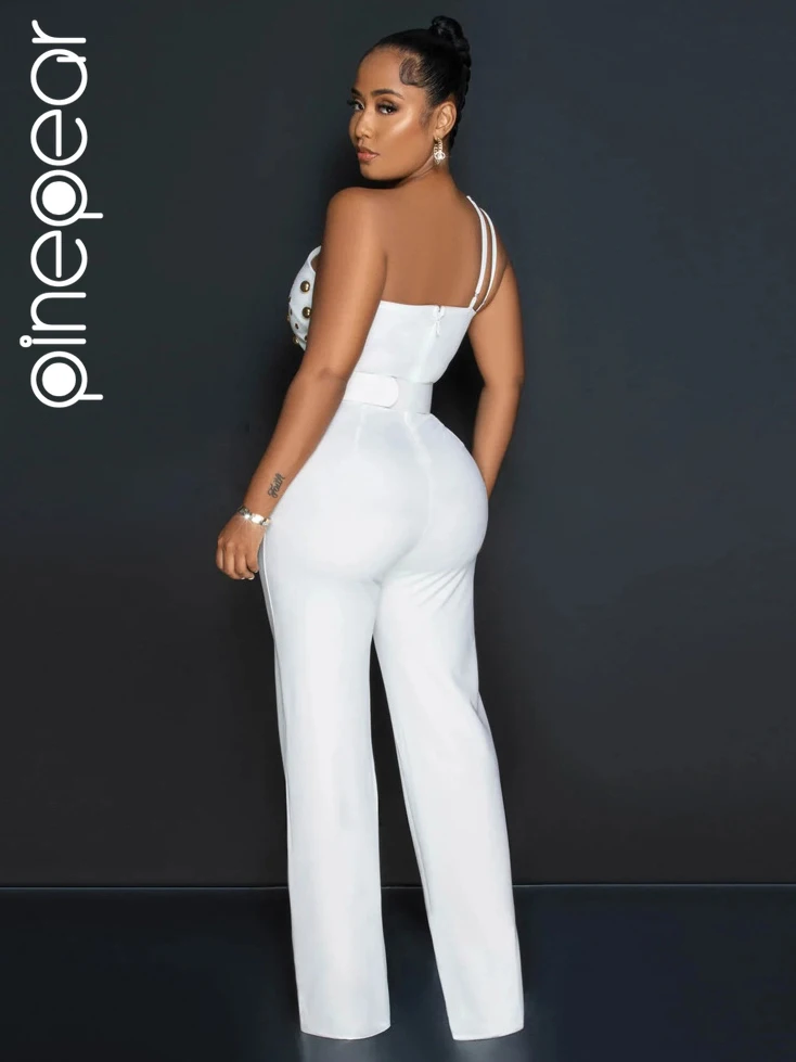 PinePear Sexy One Shoulder White Jumpsuit Women 2024 Fashion Elegant Pearls High Waist Wide Leg Pants Jumpsuits with Belt