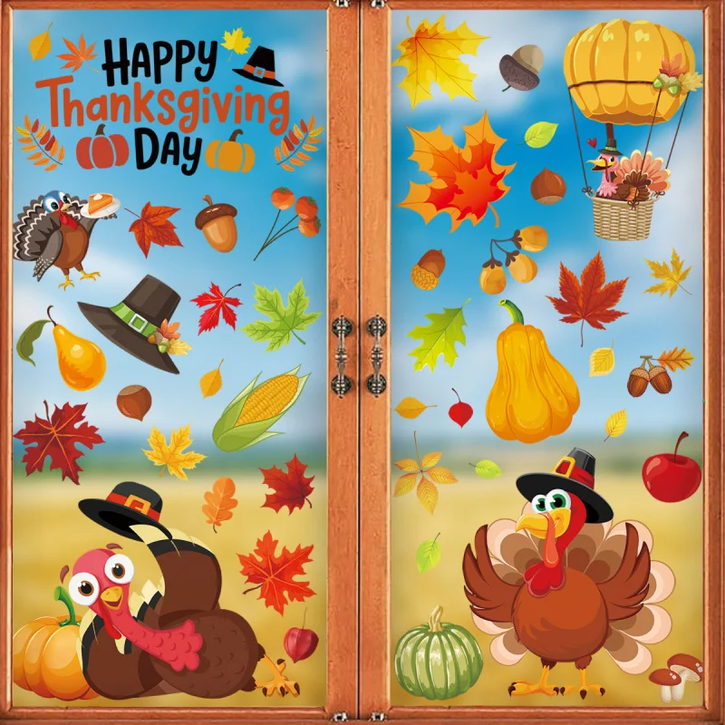 6pcs/set Thanksgiving Window Cling Fall Maple Leaf Turkey Pumpkin Static Sticker Autumn Glass Door Decal Home Decoration