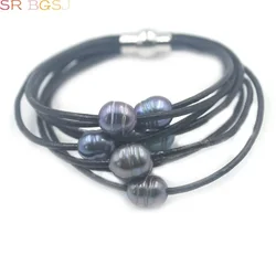 On Sale! Gift Packed! 10-12mm Freshwater Pearl 8-Strand Style Leather Cord Magnetic Jewelry Women Bracelet 7.5-8