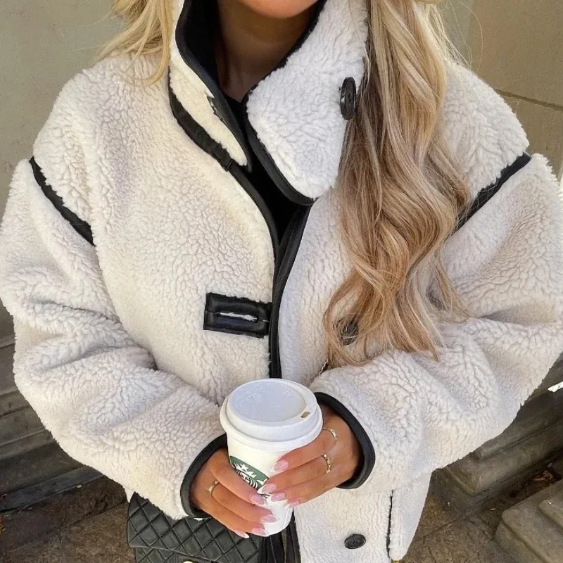 

Женское плюшевое пальто, модные парки со сращенными карманами, свободная однобортная куртка в стиле ретро с воротником-стойкой, повседневная зимняя куртка из овечьей шерсти