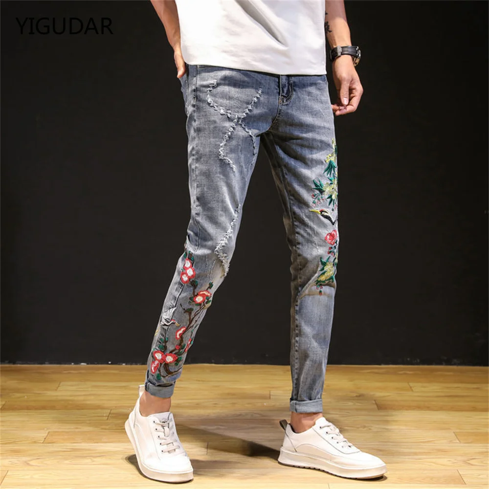 Mens slimming gray denim cotton pants low stretch prints decors jeans fashion casual pants for men pants denim jeans men