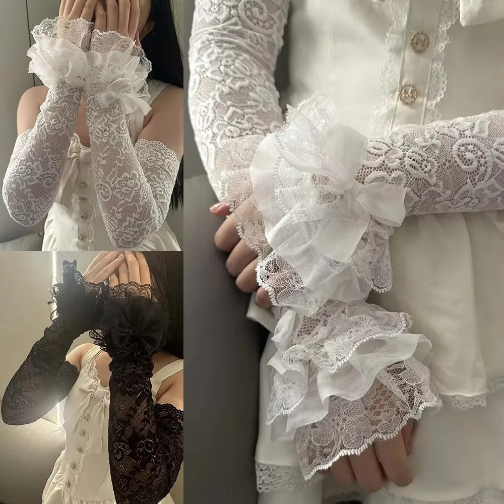 

Hollow Out Lace Fingerless Gloves Elegant Floral Bowknot Bridal Wrist Gloves Ruffle Trim Elastic Yarn Lace Arm Sleeves